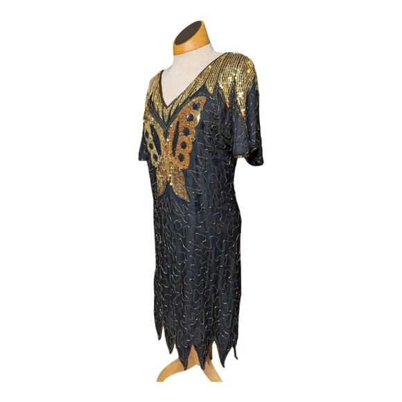Vintage Dresses & Skirts - Vtg 1980s Black 100% Silk Gold Butterfly Sequin Embellished Sheath Dress Sz M